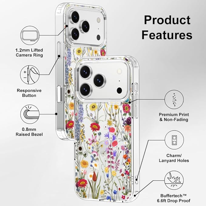 MOSNOVO for iPhone 17 Pro Case | Military Grade 6.6ft Drop Tested | Camera Control | Clear with Wildflower Meadow Design