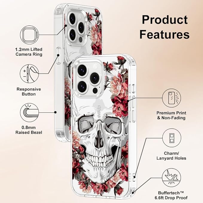 MOSNOVO Case for iPhone 14 Pro Max, [Buffertech 6.6ft Military-Grade Drop Protection] [Anti Peel Off Tech] Clear TPU Bumper Phone Case Cover Design - Red Flower Skull