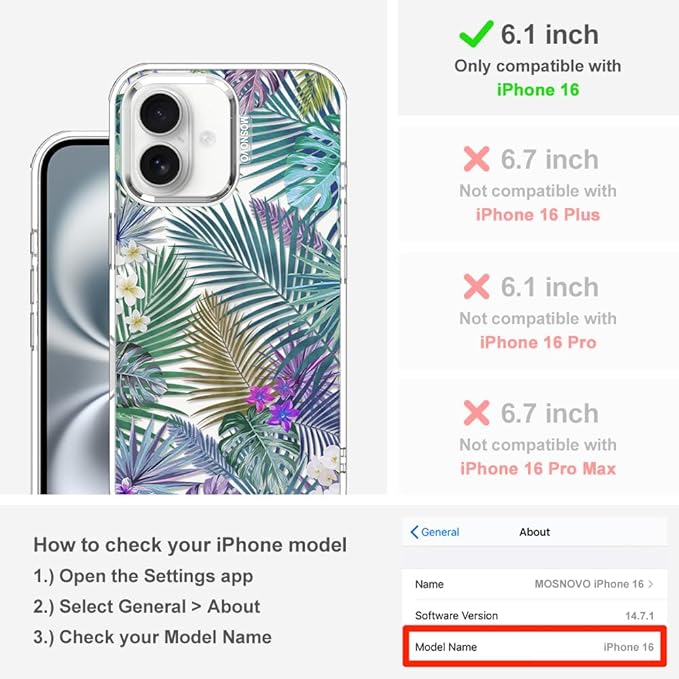 MOSNOVO Case for iPhone 16, [Buffertech 6.6ft Military-Grade Drop Protection] [Anti Peel Off Tech] Clear TPU Bumper Phone Case Cover Design - Tropical Rainforests
