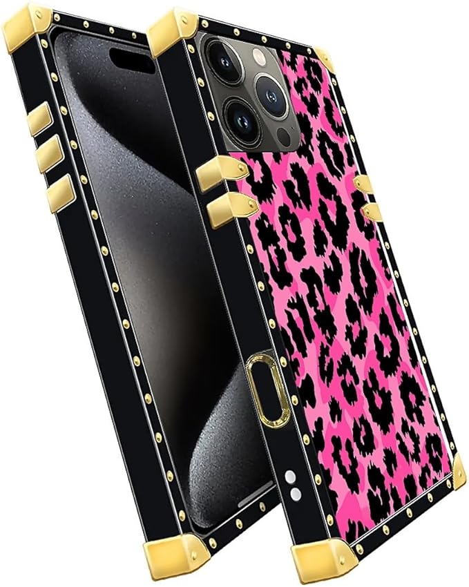 Compatible with iPhone 16 Pro Case, Pink Black Leopard Luxury Golden Decoration for Girl Women Soft TPU Shockproof Protective Hard PC Back