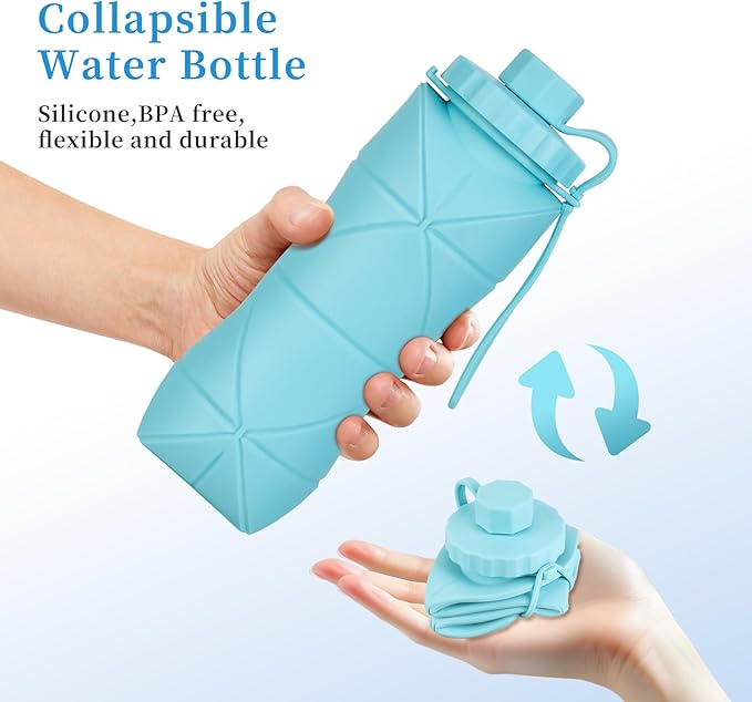 YCT Collapsible Silicone Travel Water Bottle 20oz (600ml), Reuseable Leakproof BPA Free Foldable Sports Bottle, with Carrying Strap, Blue
