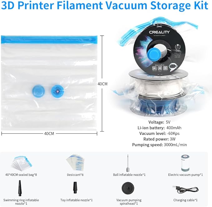 Creality 3D Printer Filament Storage Bags 40 x 40 CM, Large Transparent Sealed Bags with Electric Pump Dust Proof Humidity Resistant Keeping Filament Dry, Reusable Vacuum Storage Bags 8 PCS