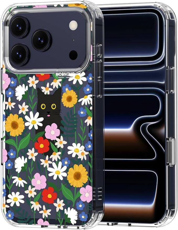 MOSNOVO for iPhone 17 Pro Case | Military Grade 6.6ft Drop Tested | Camera Control | Clear with Black Cat in Garden Design