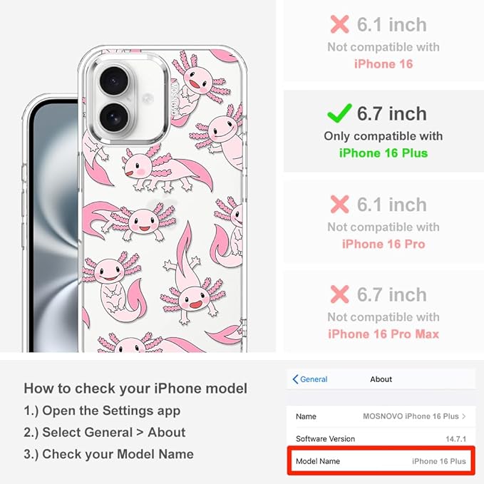 MOSNOVO Case for iPhone 16 Plus, [Buffertech 6.6ft Military-Grade Drop Protection] [Anti Peel Off Tech] Clear TPU Bumper Phone Case Cover Design - Pink Axolotl