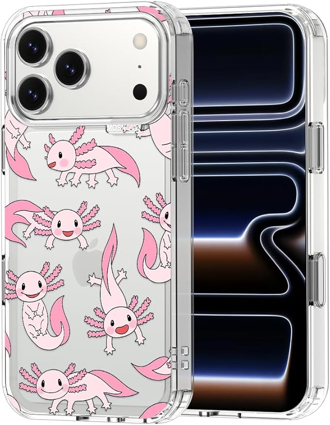 MOSNOVO for iPhone 17 Pro Max Case | Military Grade 6.6ft Drop Tested | Camera Control | Clear with Pink Axolotl Design