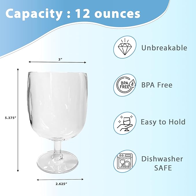 Lily's Home Unbreakable Plastic Wine Glasses Set of 8, 12 oz Shatterproof Stackable Tumblers, Reusable BPA Free Goblets for Indoor and Outdoor Use. Made in Taiwan (Clear)