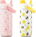 POWCAN 2 Pack 18 oz Kids Insulated Water Bottle for School: Leakproof, 2-in-1 Straw Spout Lid, BPA-Free, Keep Cold 24 Hrs, Stainless Steel Cup for Sports, Travel, Gift (Sweetheart Bow & Sweet Hive)