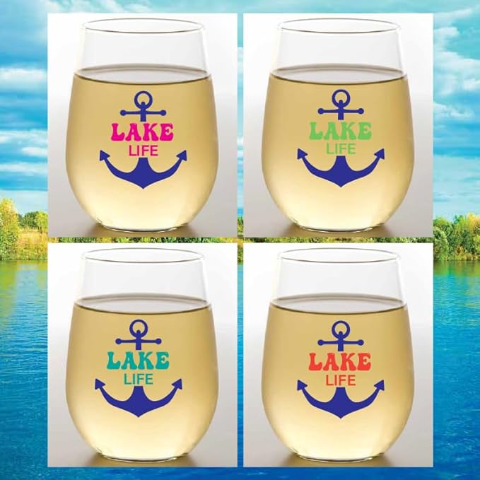 Set of 4 Shatterproof Designer 16 oz Plastic Wine Glasses MADE in the USA (LAKE LIFE)