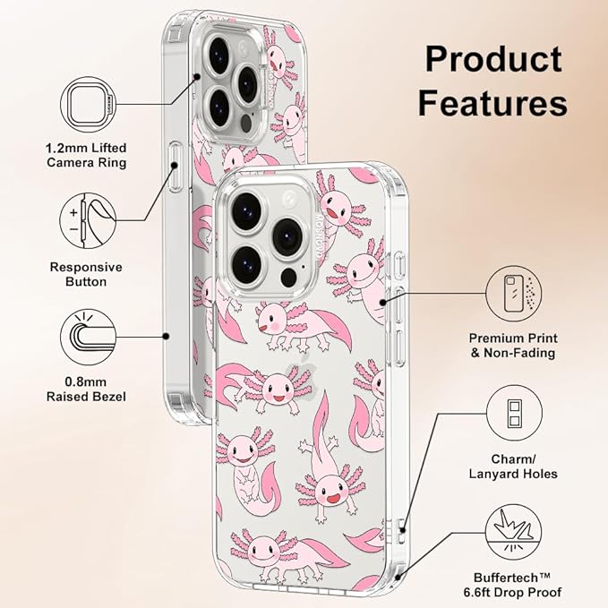 MOSNOVO Case for iPhone 15 Pro, [Buffertech 6.6ft Military-Grade Drop Protection] [Anti Peel Off Tech] Clear TPU Bumper Phone Case Cover Design - Pink Axolotl