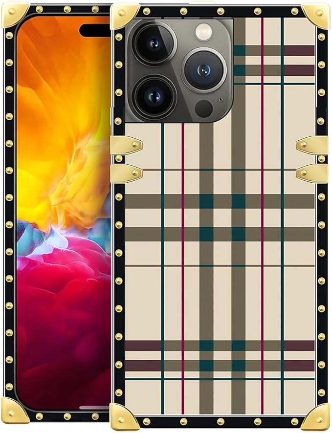 Compatible with iPhone 15 Pro Case, Black Red Beige Stripes Luxury Golden Decoration for Girl Women Soft TPU Shockproof Protective Hard PC Back for iPhone 15 Pro