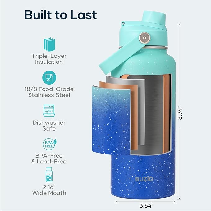 BUZIO 32 oz Water Bottle Insulated, Leakproof Stainless Steel Flask (Cold for 48 Hrs), Wide Mouth BPA-Free Metal Thermo Hydro Canteen with 2 Lids, Starry Gradient Blue