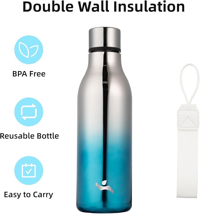 Konokyo Insulated Water Bottle with Strap,18 oz Double Wall Stainless Steel Vacuum Bottles Metal Water Flask,Blue Lagoon