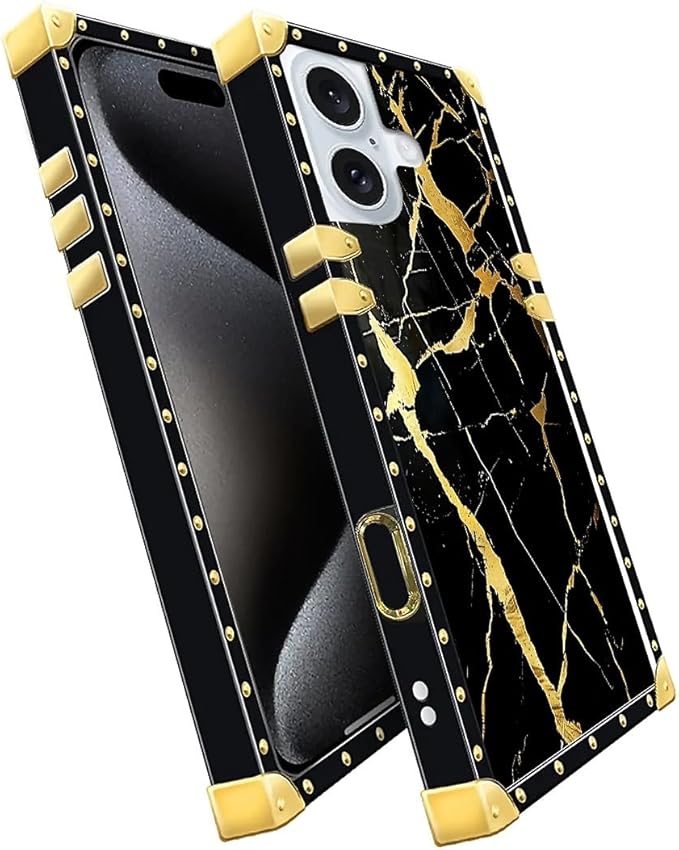Compatible with iPhone 16 Case, Black Gold Marble Nature Luxury Golden Decoration for Girl Women Soft TPU Shockproof Protective Hard PC Back
