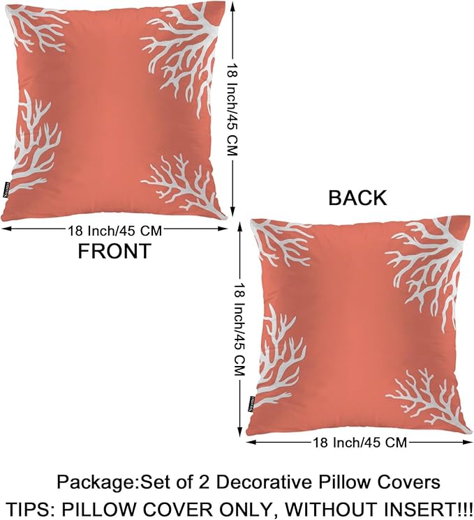 Swono Ocean Coral Farmhouse Throw Pillow Covers, Tropical Sea Coral Reef Nature Set of 2 Cushion Case Pillow Cover for Bed Sofa Couch, Square Throw Pillowcases for Men Women 18x18 Inch Orange White