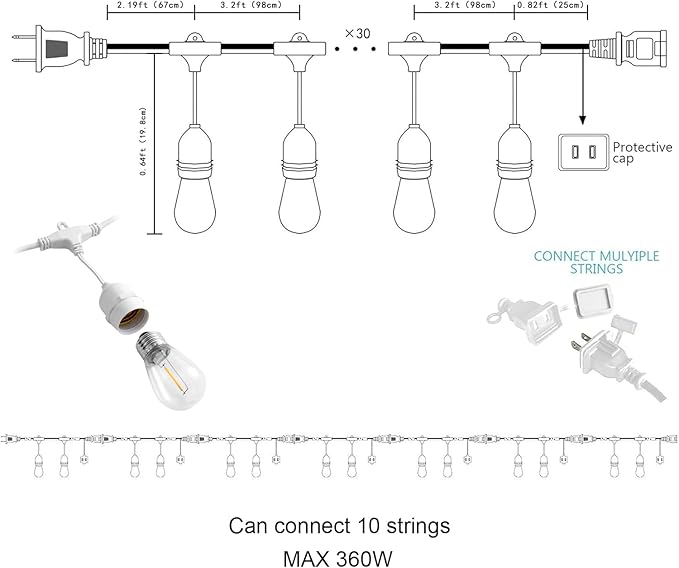 Banord Outdoor String Lights, 105FT Waterproof Patio Lights with 1W Dimmable LED Bulbs, Hanging String Lights for Outdoor Backyard, Garden, Deck, Porch, Gazebo, Balcony, Camping, Party(White)