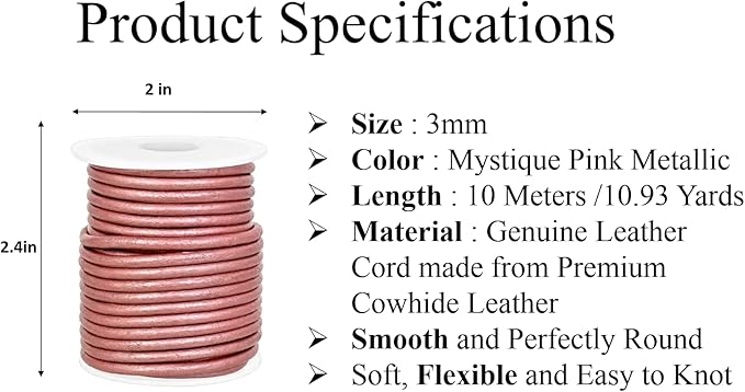 GENIQUE Real/Genuine Round Leather String Cord for Necklace, Bracelets, Jewellery, Braiding (3mm, Mystique Pink)