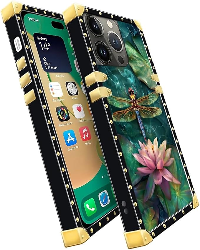 Compatible with iPhone 14 Pro Max Case, Colourful Dragonfly Pink Lily Pads Luxury Golden Decoration for Girl Women Soft TPU Shockproof Protective Hard PC Back for iPhone 14 Pro Max