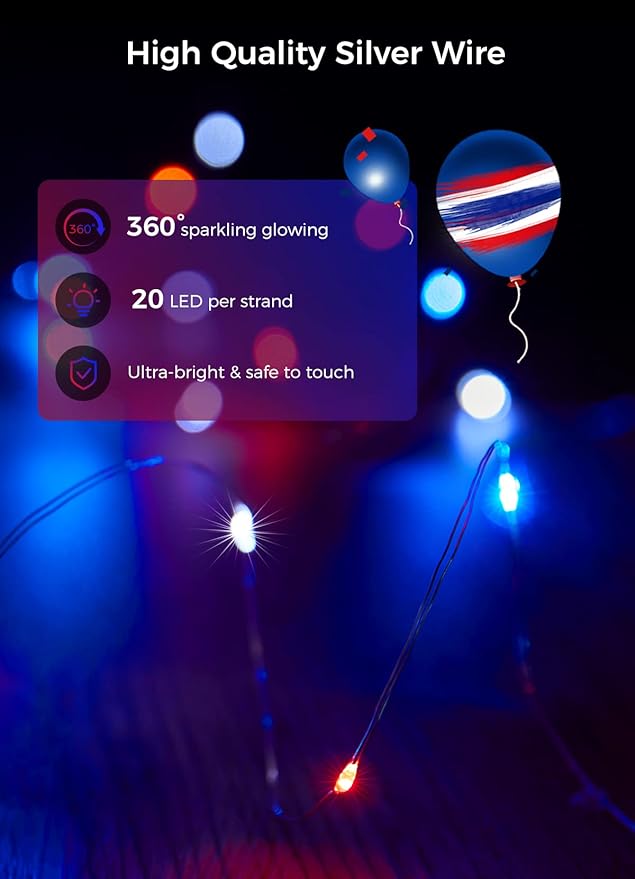Brightown 4th of July Decor Patriotic Fairy Lights, 7 FT. Silver Wire Red White Blue String Lights, Firefly Starry Moon Lights, Micro LED Mini Fairy Lights for Jars DIY Picture Wedding