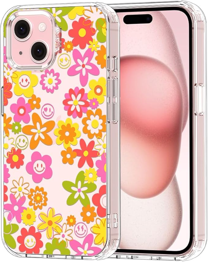 MOSNOVO Case for iPhone 15, [Buffertech 6.6ft Military-Grade Drop Protection] [Anti Peel Off Tech] Clear TPU Bumper Phone Case Cover Design - 70's Groovy Floral