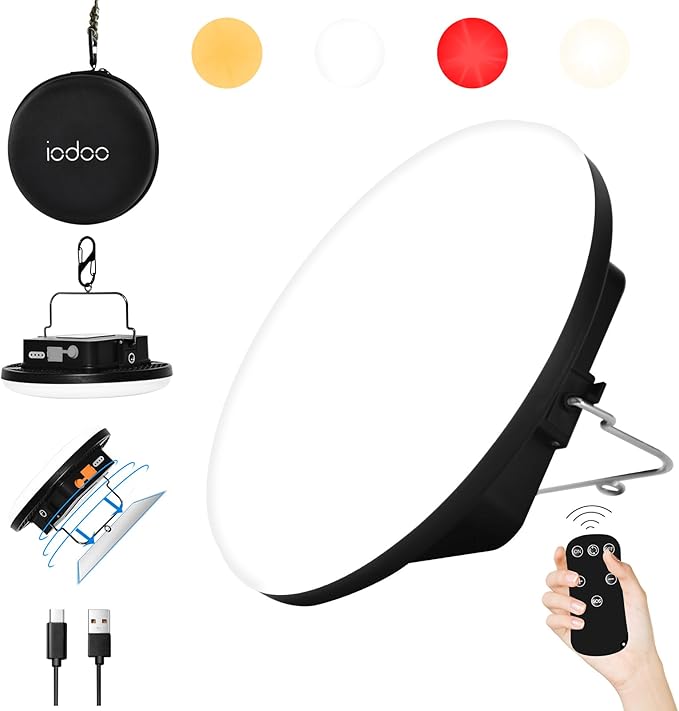 IODOO 16500mAh 60W Rechargeable Camping Light with Remote 3000LM 2700/4000/6500K LED Camping Lantern Portable IP65 Waterproof Tent Lights Power Failur