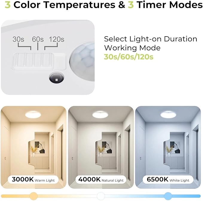 hepside Motion Sensor Ceiling Light Wired, 3000K/4000K/6500K LED Flush Mount Ceiling Light Fixture, 8.7Inch 18W Motion Sensor Light with Timer for Closet Stair Porch Hallway Pantry,White