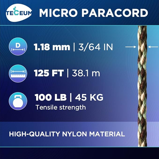 TECEUM Micro Paracord – 1.18 mm X 125 ft – Micro Utility Cord – Thin Braided Paracord Rope – Best for Crafting, DIY Projects, Fishing, Camping – Wind Chime Replacement – Survival Strong String