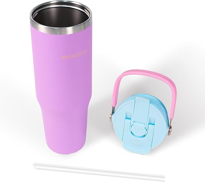 40 oz Insulated Stainless Steel Bottle with 2-in-1 Straw and Spout Lid, Water Bottle with Carry Handle Keep Cold 24H, Leak-Proof, Fits in Car Cup Holder, Travel, and School（Purple）