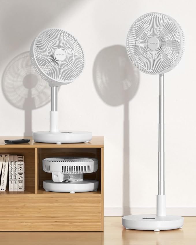 TriPole Oscillating Fan Portable Quiet Standing Fan with Remote, 12" Rechargeable Pedestal Fans for Bedroom Office, Foldable Battery Powered Travel Fans, Adjustable Height, 8H Timer, 6 Speeds, 44.4Wh