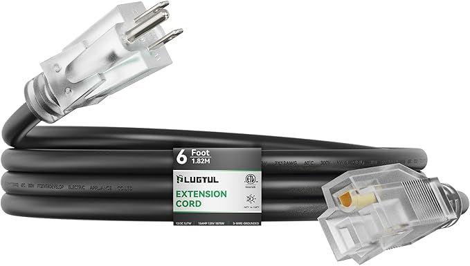 PLUGTUL Outdoor Extension Cord 6FT, 12 Gauge Extension Cord with Lighted End, Heavy Duty,15A 1875W SJTW, ETL Listed, Great for Garden and Home, Black