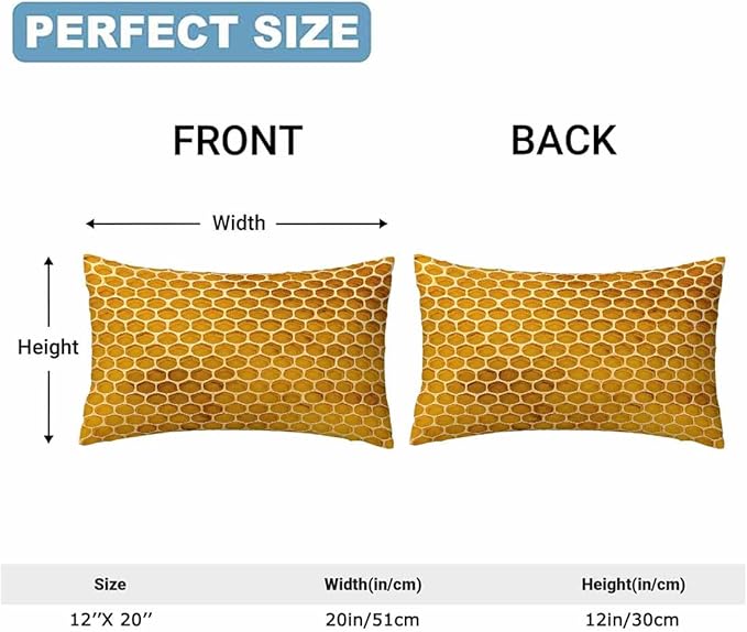 Bee Honeycomb Throw Pillow Covers 12 X 20 Yellow Honey Abstract Set of 2 Pillow Cases Rectangular Velvet Outdoor Pillowcases Decorative for Home Bed Sofa Couch Hotel