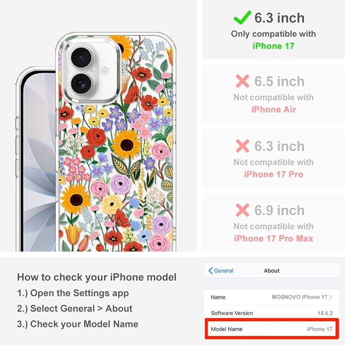 MOSNOVO for iPhone 17 Case | Military Grade 6.6ft Drop Tested | Camera Control | Clear with Blossom & Bloom Design