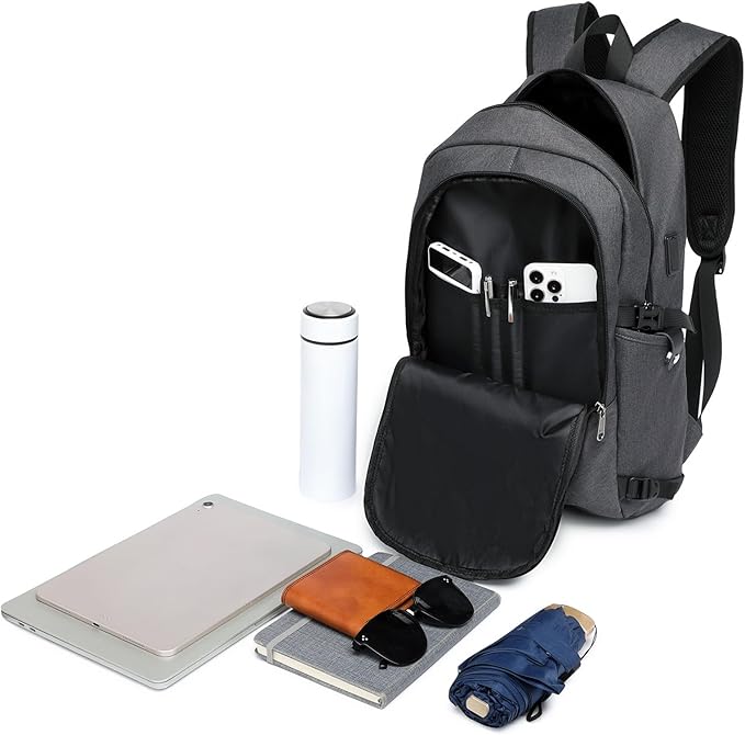 Kono Travel Laptop Backpack with USB Charging Port, Business Anti Theft Slim Sturdy Personal Item Bag, Water Resistant College Computer Daypack for Men & Women Fits 15.6 Inch Notebook, Dark Grey