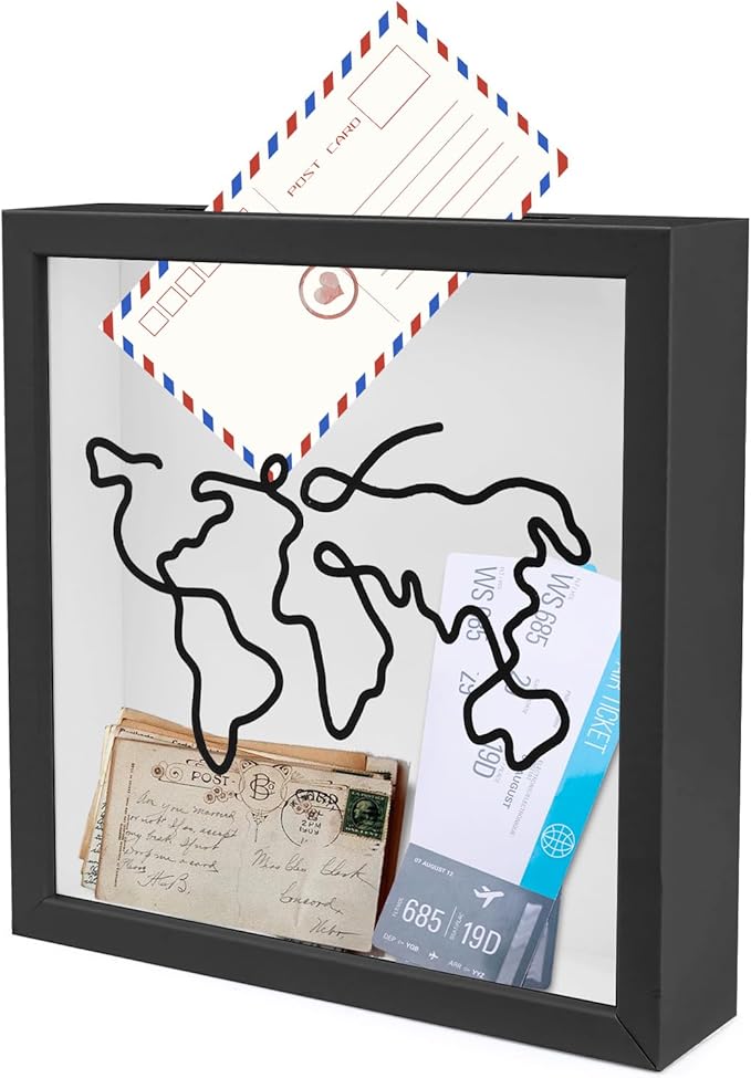 ASTIMESA 7.8" x 7.8" Adventure Archive Box Display Case, Transparent Travel Shadow Box Frame with Slot on Top, Map Travel Memories Holder for Keepsakes Gift Concert Ticket Photo (Black)