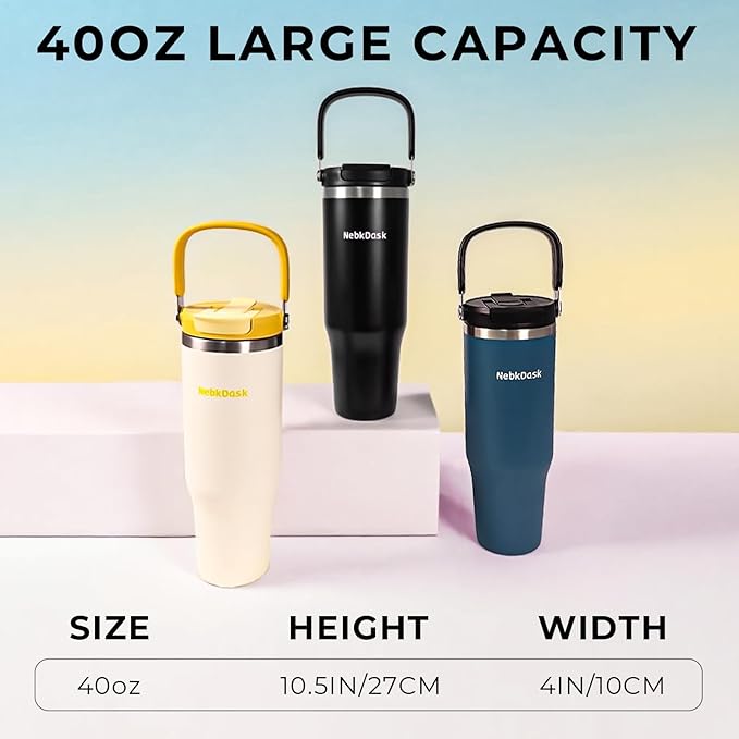 40 oz Insulated Stainless Steel Bottle with 2-in-1 Straw and Spout Lid, Water Bottle with Carry Handle Keep Cold 24H, Leak-Proof, Fits in Car Cup Holder, Travel, and School（Black）