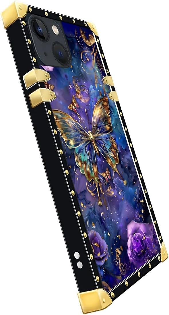 Compatible with iPhone 15 Case, Glistening Golden Butterfly Vibrant Purple Blue Luxury Golden Decoration for Girl Women Soft TPU Shockproof Protective Hard PC Back for iPhone 15