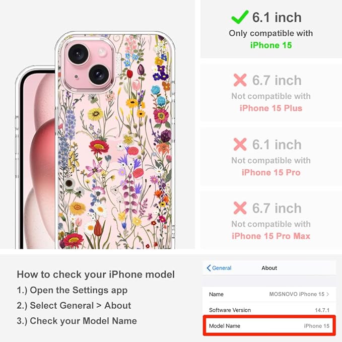 MOSNOVO Case for iPhone 15, [Buffertech 6.6ft Military-Grade Drop Protection] [Anti Peel Off Tech] Clear TPU Bumper Phone Case Cover Design - Wildflower Meadow