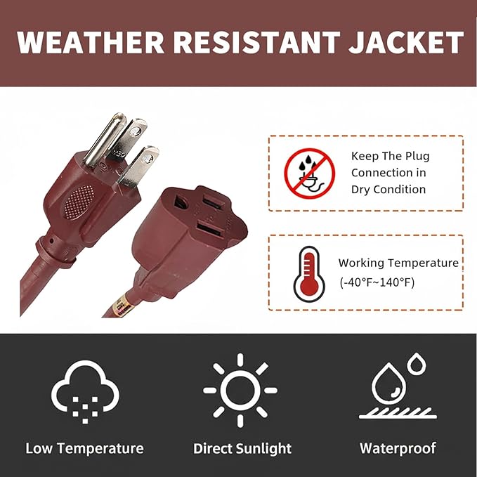 30FT Brown Outdoor Extension Cord-16/3 SJTW Durable Extension Cord for Christmas Lights with 3 Prong Grounded Plug, Great for Outside Christmas Decorations