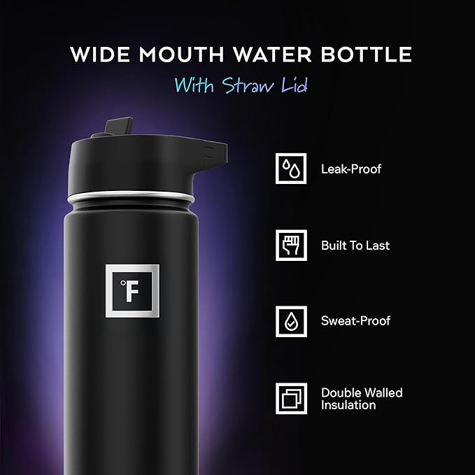 IRON °FLASK Camping & Hiking Hydration Flask with Straw, Wide Mouth Insulated Stainless Steel Sports Water Bottle - Blue Waves 24 oz - Straw (1 Lid)
