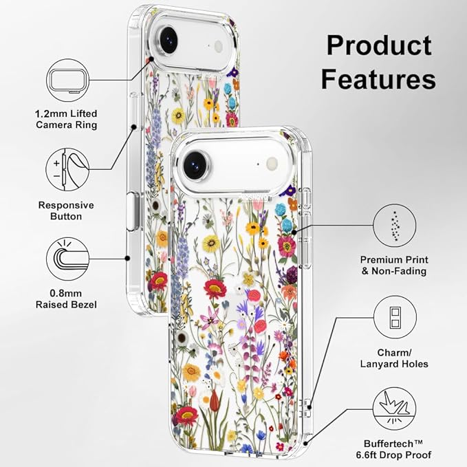 MOSNOVO for iPhone Air Case | Military Grade 6.6ft Drop Tested | Camera Control | Clear with Wildflower Meadow Design