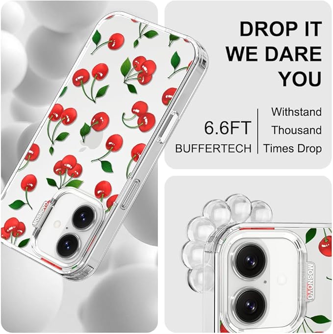 MOSNOVO for iPhone 17 Case | Military Grade 6.6ft Drop Tested | Camera Control | Clear with Cute Cherry Design