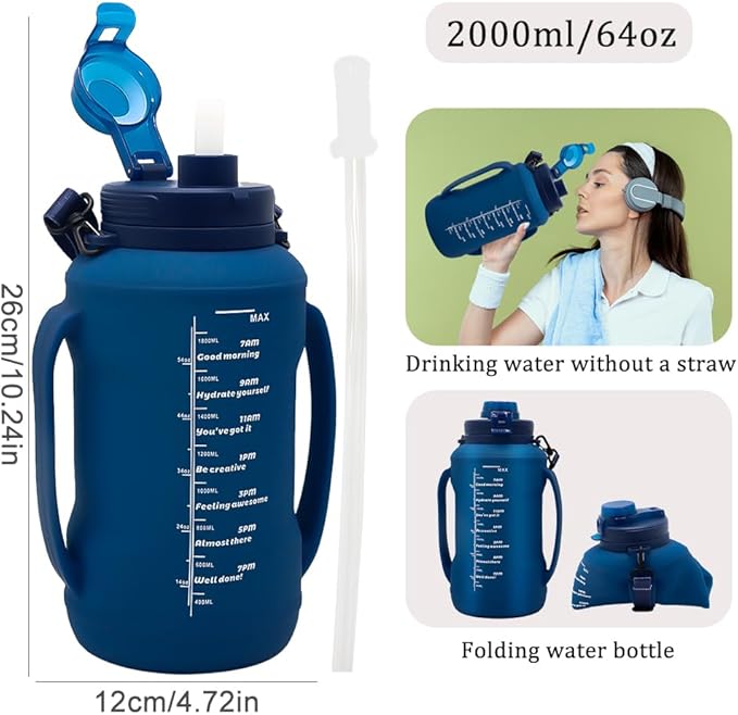64oz Foldable Water Kettle - Straw & Motivational Time Marker, Half Gallon Silicone Reusable Bottle for Airport Travel, Outdoor Adventures & Home/Office (Blue)