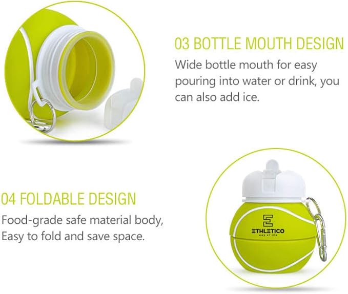 Collapsible Water Bottles with Carabiner Food Grade Sports Water Bottle for Gift Kids Folding Water Bottle for Hiking, School, GYM, School, Sports and Traveling 19oz/550ml (Tennis Ball)
