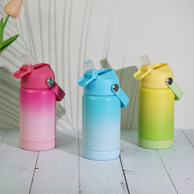 BJPKPK Insulated Water Bottle with Straw Lid, 12oz Thermo Water Bottles with Soft Nozzle, Flex Handle & Non-slip Boot, BPA Free Leak Proof Stainless Steel Metal Thermo, Tumblers, Cups,Yellow