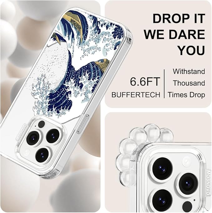 MOSNOVO Case for iPhone 14 Pro, [Buffertech 6.6ft Military-Grade Drop Protection] [Anti Peel Off Tech] Clear TPU Bumper Phone Case Cover Design - Great Wave