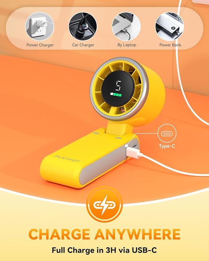 PlayHot Portable Handheld Turbo Fan, 5-Speed Personal Fans, 5000mAh Rechargeable Fans Up to 12 Hours, Weight only 0.6lb Small Fan, Hand/Neck/Desk Fan 3 IN 1, Beach Vacation Essentials(Yellow)