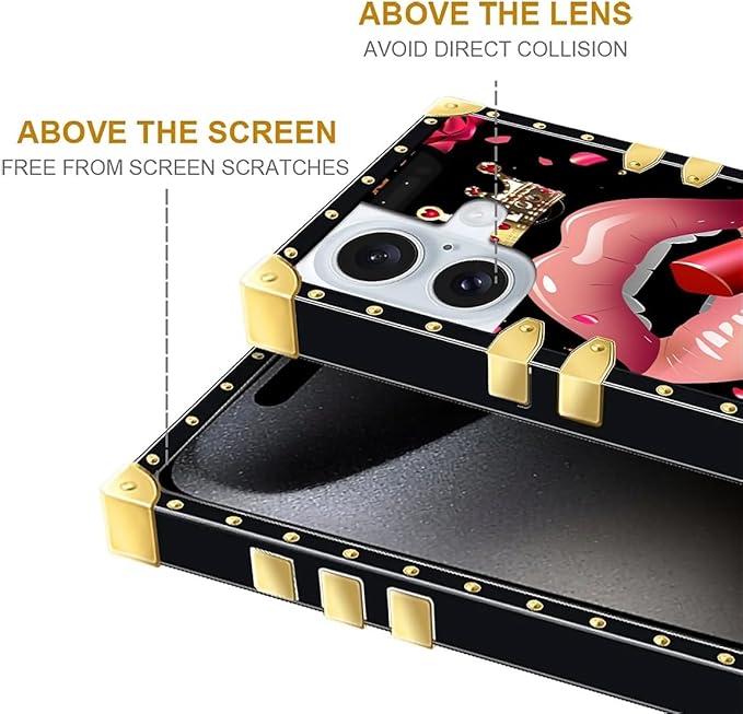 Compatible with iPhone 16 Case, Glitter Red Rose Queen Leopard Lipstick Luxury Golden Decoration for Girl Women Soft TPU Shockproof Protective Hard PC Back