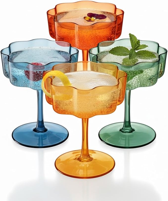 Khen Shatterproof Acrylic Flower Wavy Vintage Art Deco Martini, Champagne & Cocktail Muted Pastel Color Plastic Tritan Coupe Glasses | 4 Set | 8.5oz Glassware Classic Cocktail Indoor & Outdoor Set