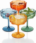 Khen Shatterproof Acrylic Flower Wavy Vintage Art Deco Martini, Champagne & Cocktail Muted Pastel Color Plastic Tritan Coupe Glasses | 4 Set | 8.5oz Glassware Classic Cocktail Indoor & Outdoor Set