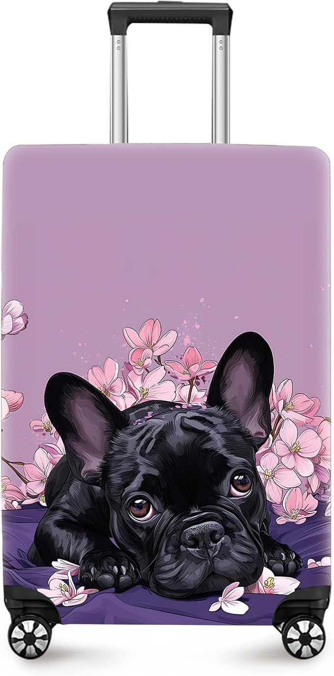 ANNA QUEEN French Bulldog Luggage Cover, Cute Black Dog with Pink Flowers Suitcase Protector, Stretchable Washable Travel Sleeve for 24-26 Inch Luggage