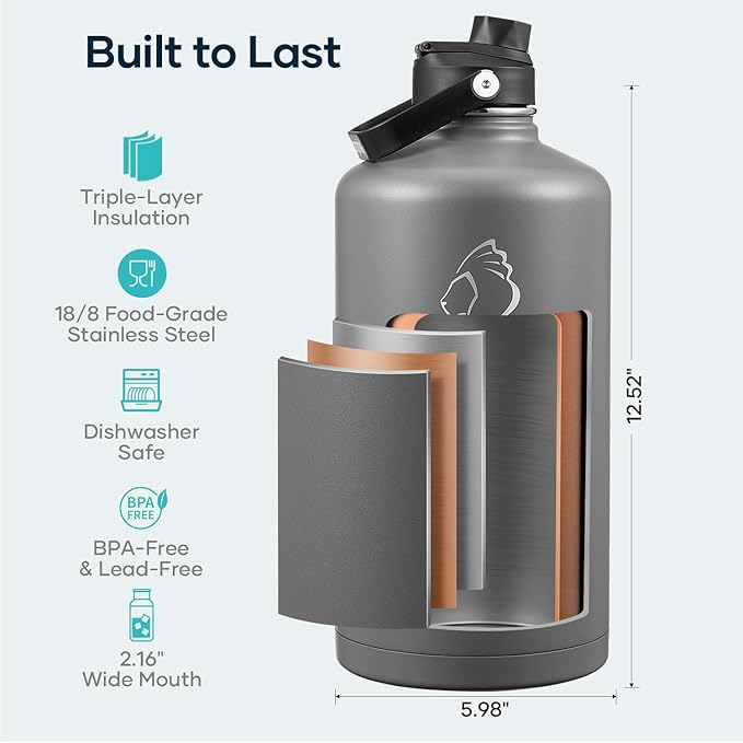 BUZIO Gallon Water Bottle Insulated, 128 oz Large Water Jug Vacuum Stainless Steel Big Metal Flask (Cold for 48 Hrs), Leak Proof & BPA-Free, with Straw and Spout Lids, Grey